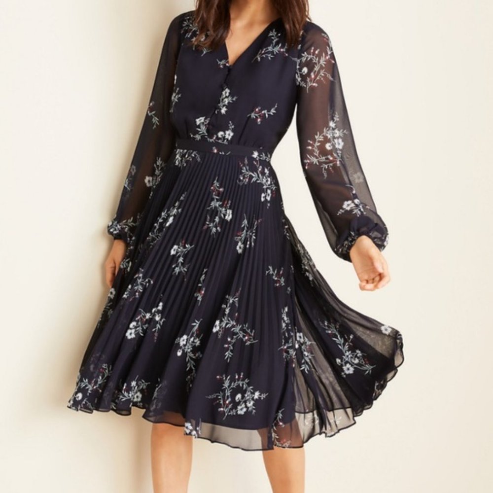 NWT Ann Taylor Navy Pleated Dress, 14 Tall (14T)